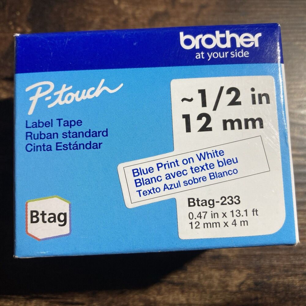 Brother International BTAG233 Btag Label Tape 0.47" x 13.1' Blue on White